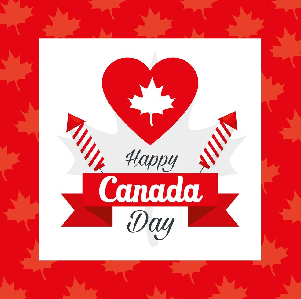 feliz día de canadá y corazón con decoración de hojas de arce vector