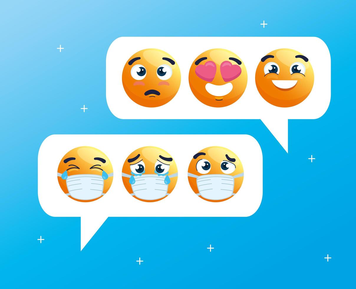 emojis con máscaras faciales en burbujas de discurso vector