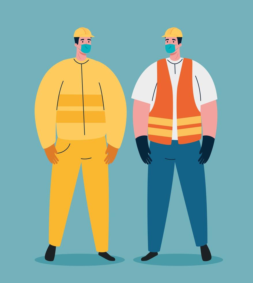 construction workers with face masks on coronavirus pandemic vector