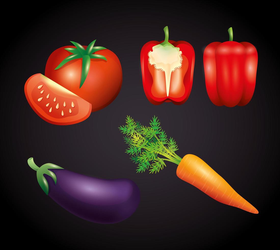 verduras orgánicas frescas, comida sana, estilo de vida saludable o dieta sobre fondo negro vector