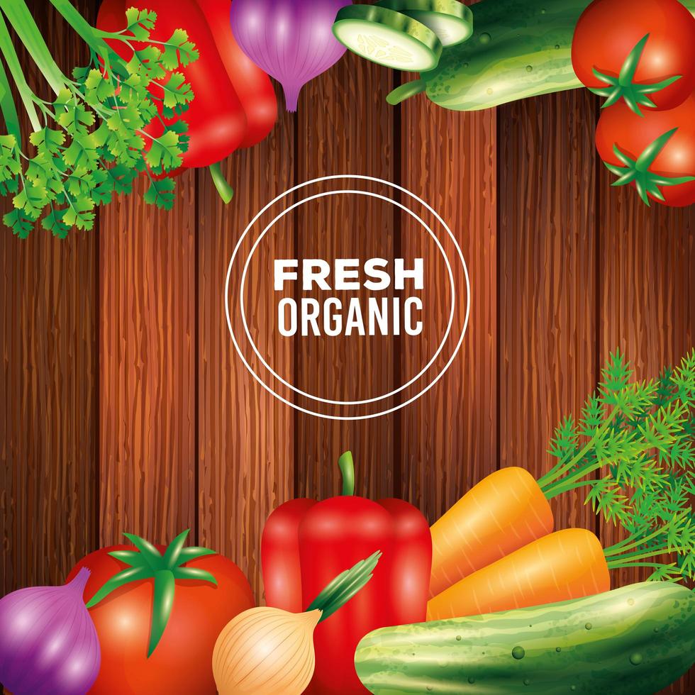 fresh organic vegetables, healthy food, healthy lifestyle or diet on wooden background vector