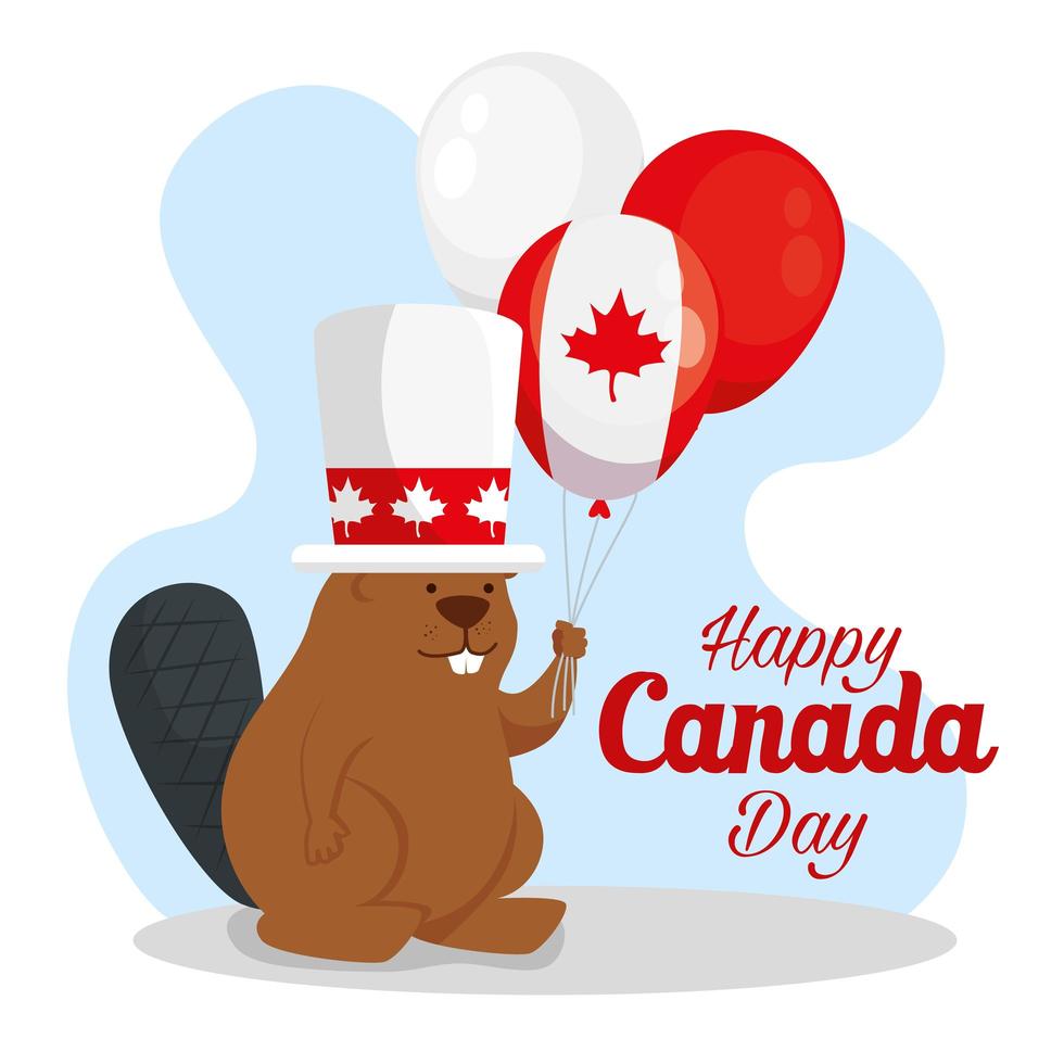 feliz día de canadá con castor y globos vector