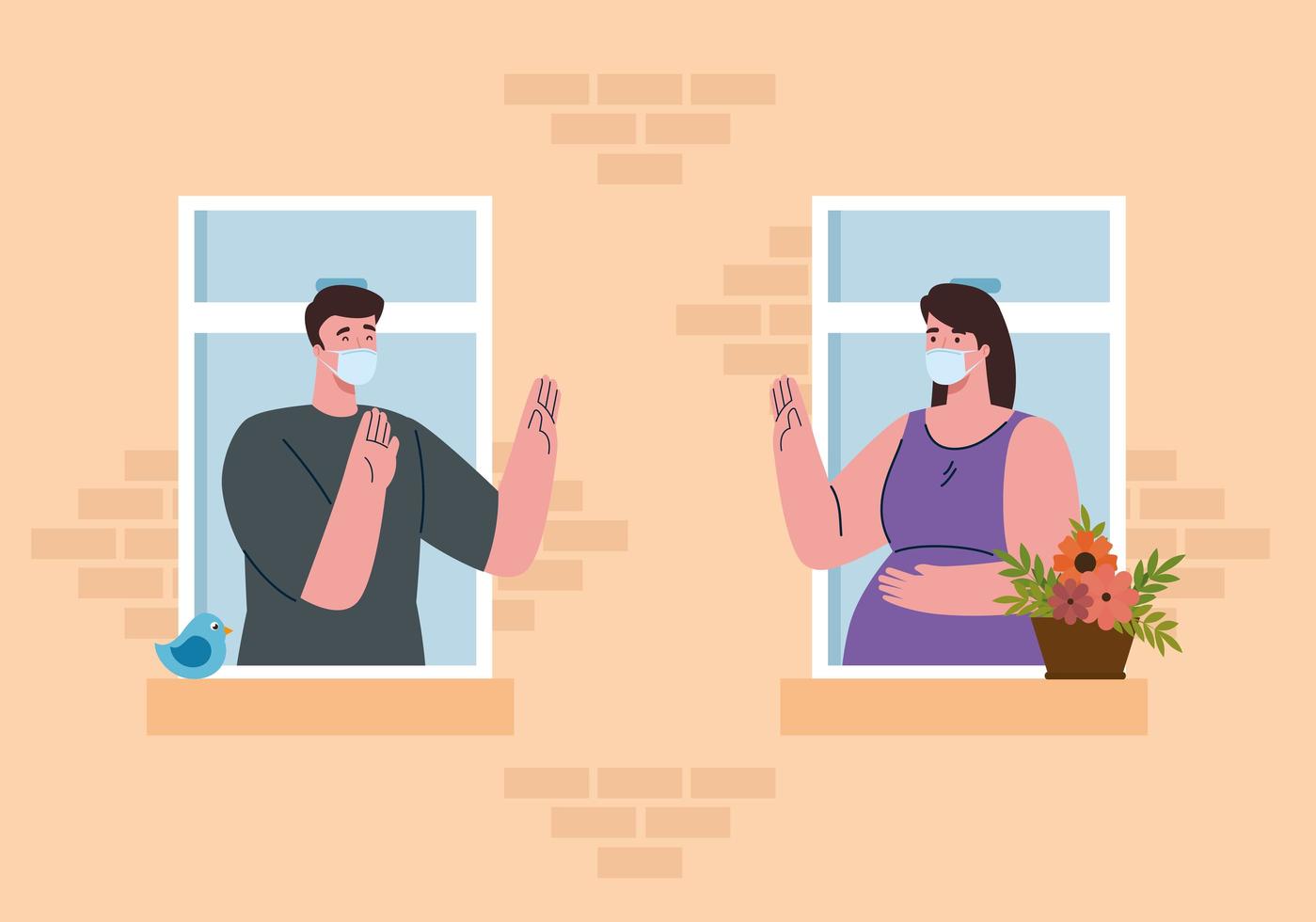Couple at home greeting on the window for coronavirus quarantine vector