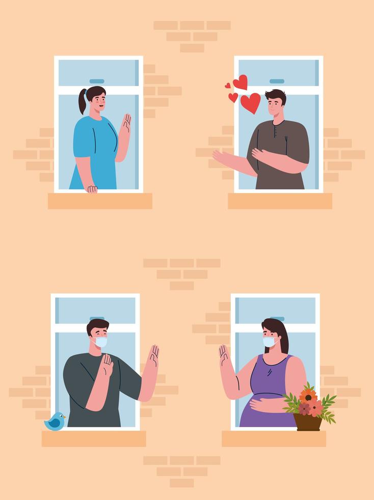 Couples at home greeting on the window for coronavirus quarantine vector