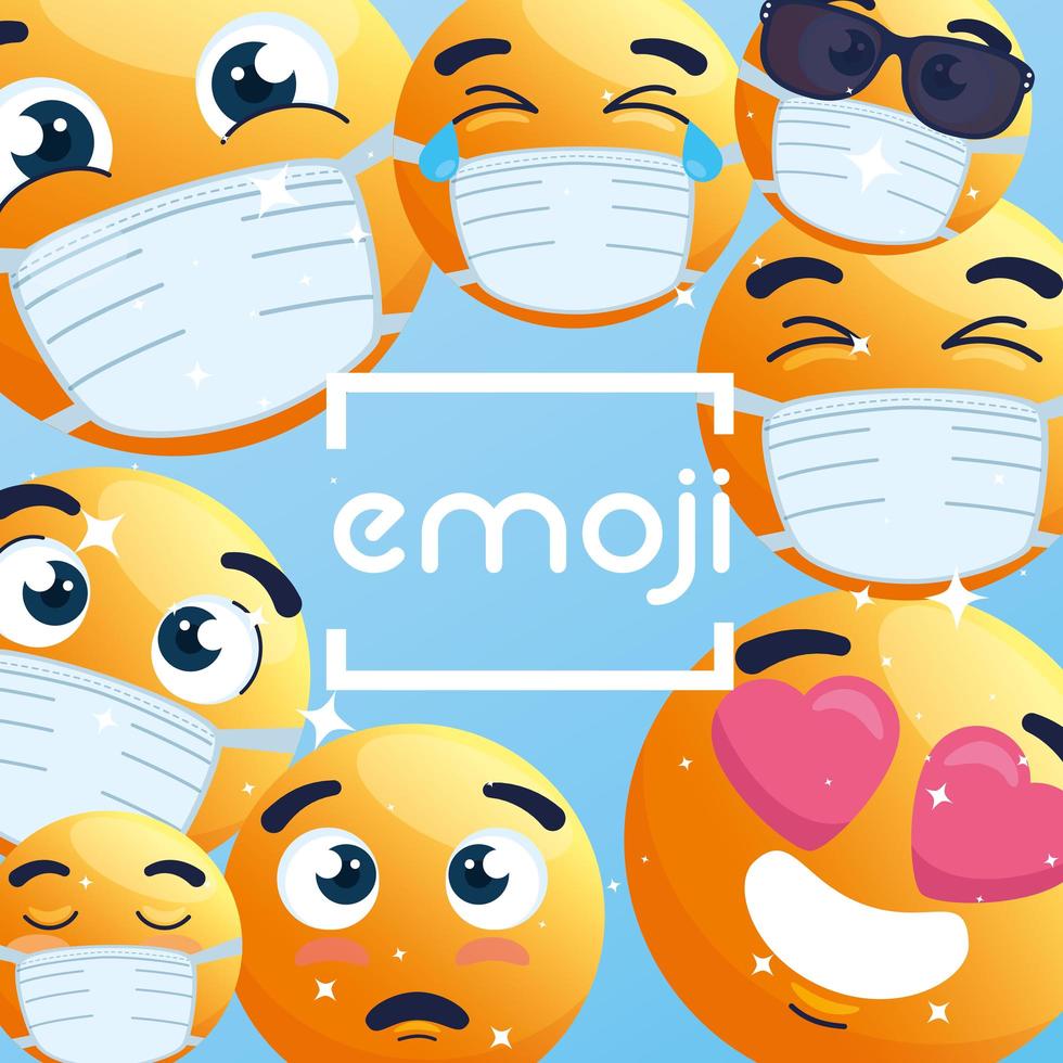 Emojis wearing face masks background vector