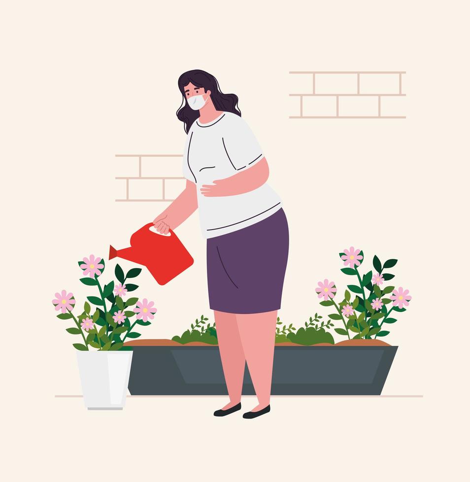 mujer regando plantas en casa para cuarentena de coronavirus vector
