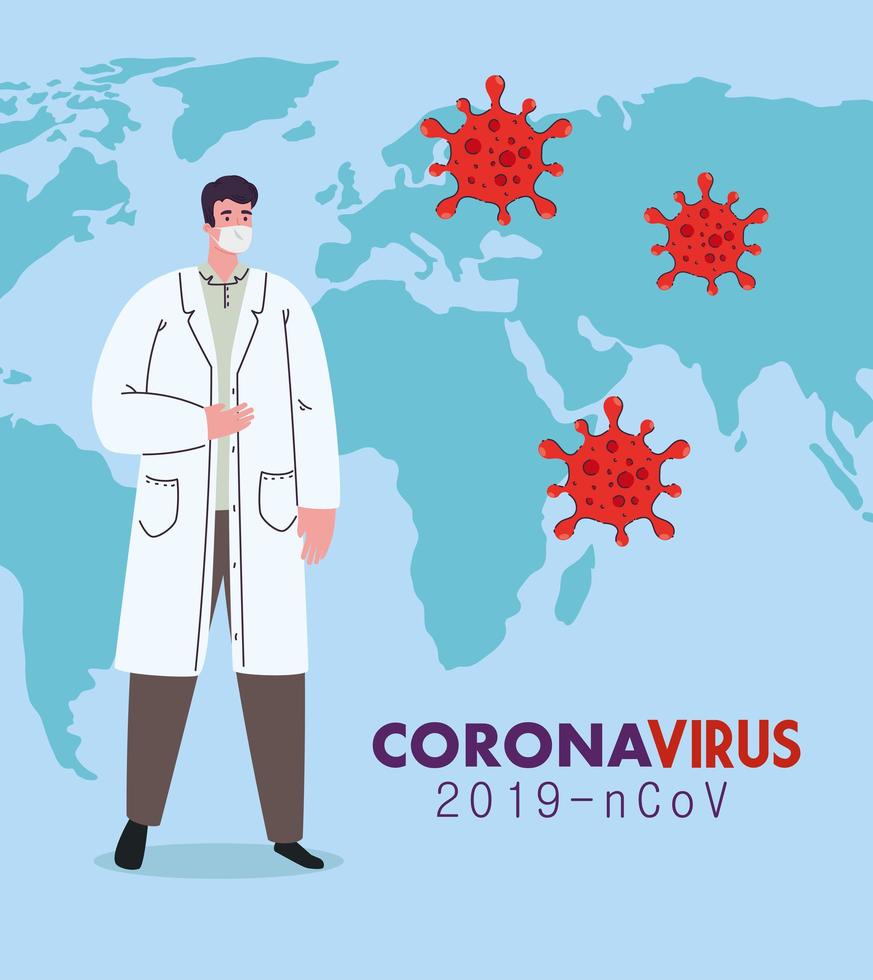 médico con máscara médica contra el coronavirus 2019 ncov con mapa mundial y partículas covid 19 vector