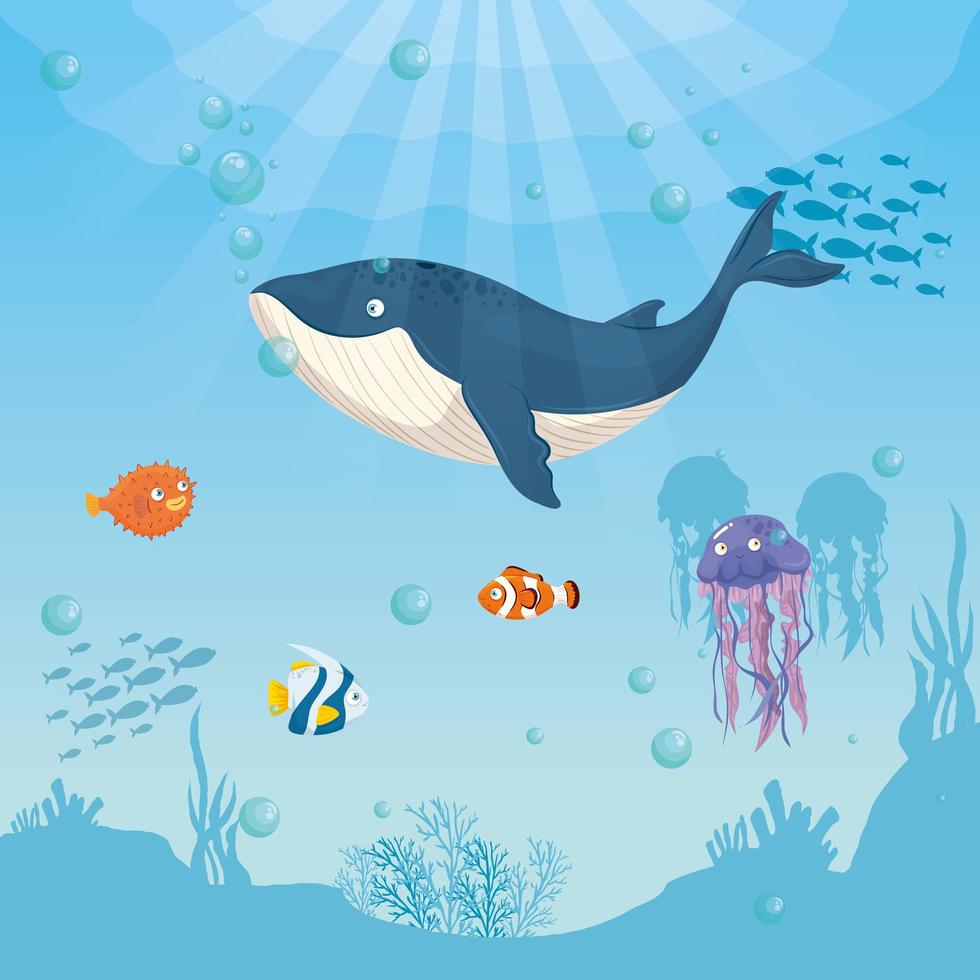 blue whale and fish in the ocean, sea world dweller, cute underwater creature vector