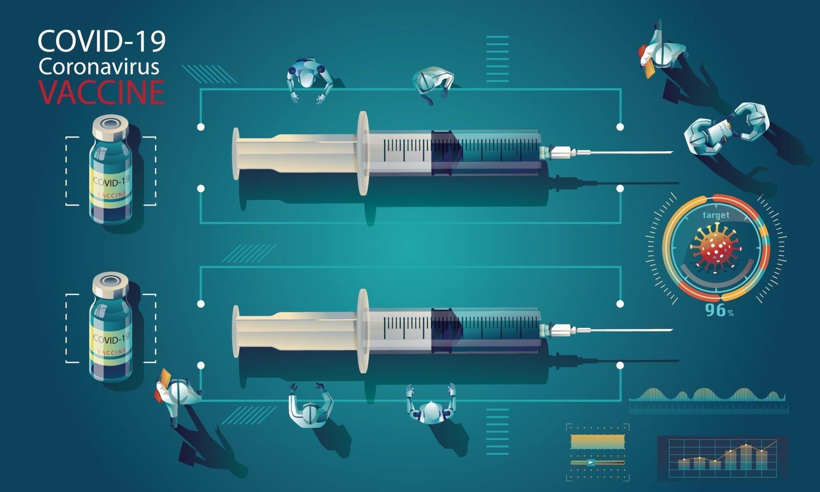 El equipo médico y el científico han descubierto la vacuna covid-19, una prueba de laboratorio, una jeringa, un vial de vacuna, trabajando en la prueba. desarrollo de vacunas listo para la ilustración de tratamiento, diseño plano vectorial vector