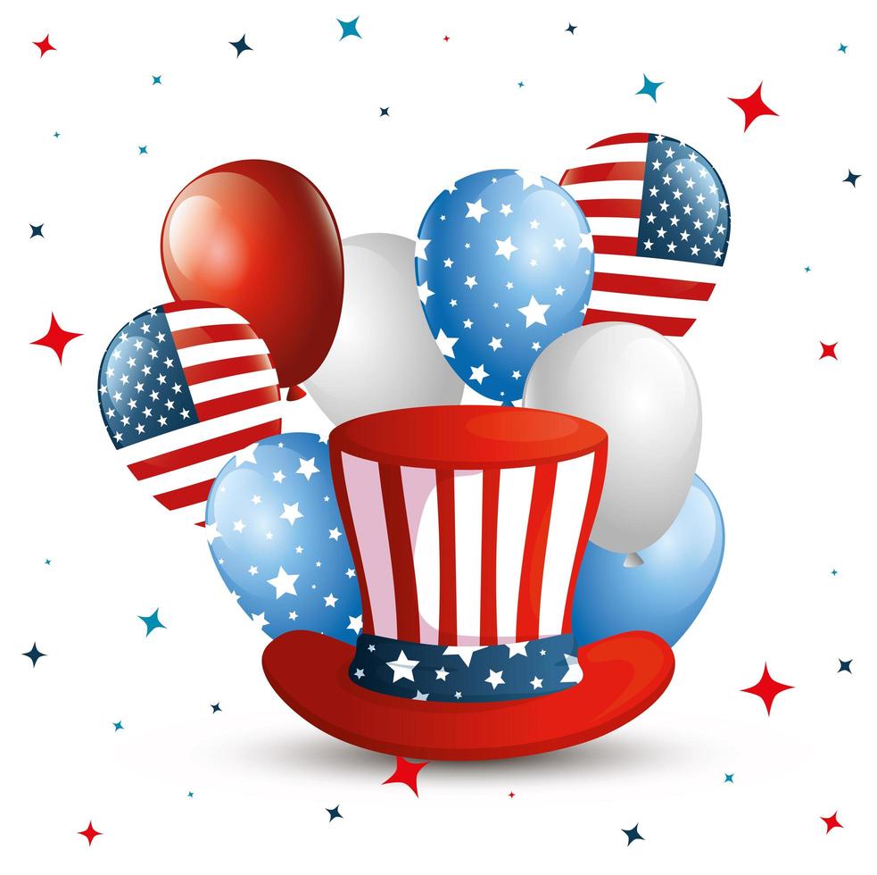 4 of july happy independence day with top hat and decoration vector