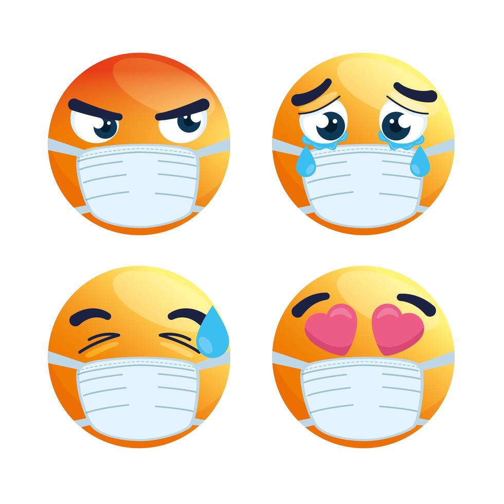 set of emojis wearing face masks vector