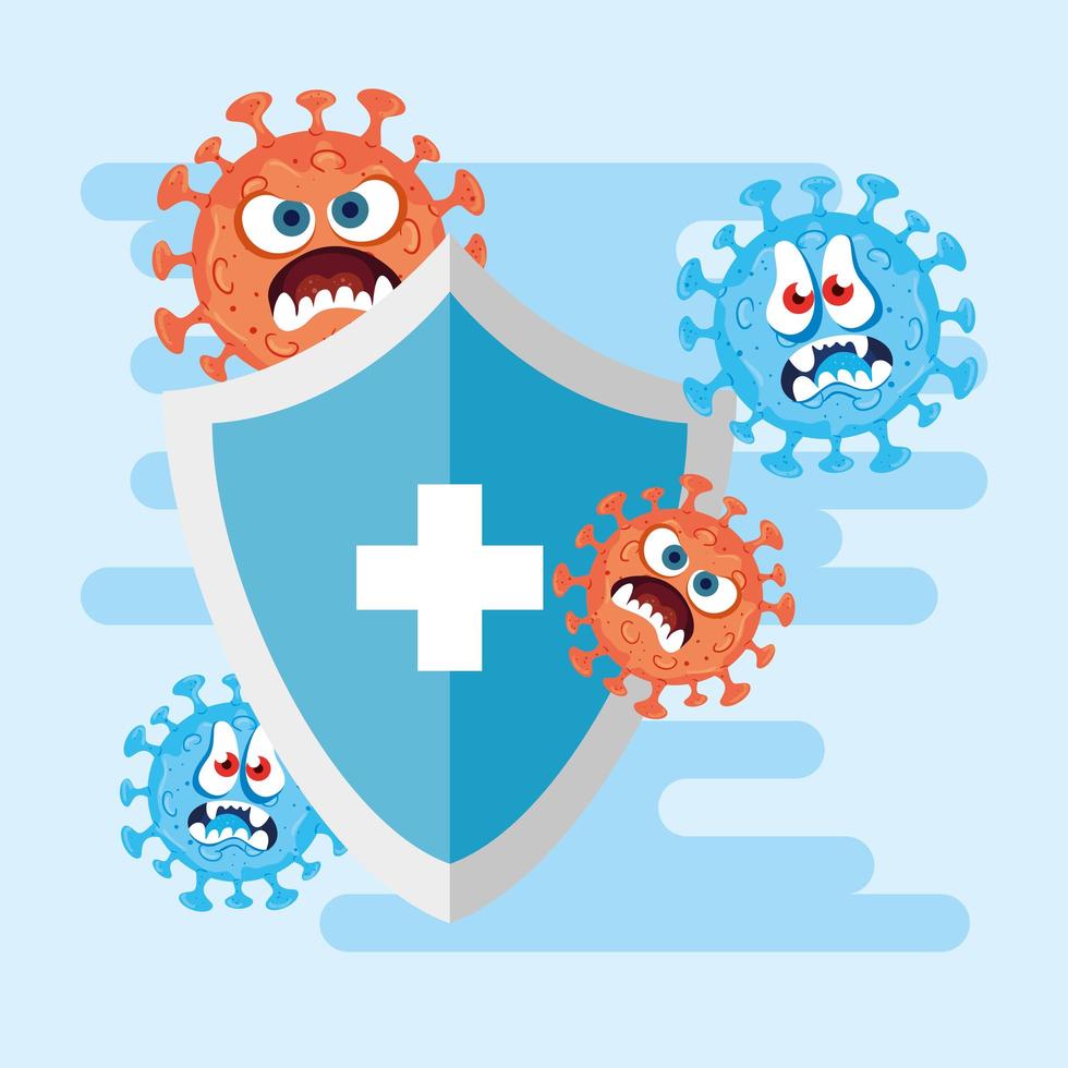 Cartoon coronavirus characters with protective shield vector