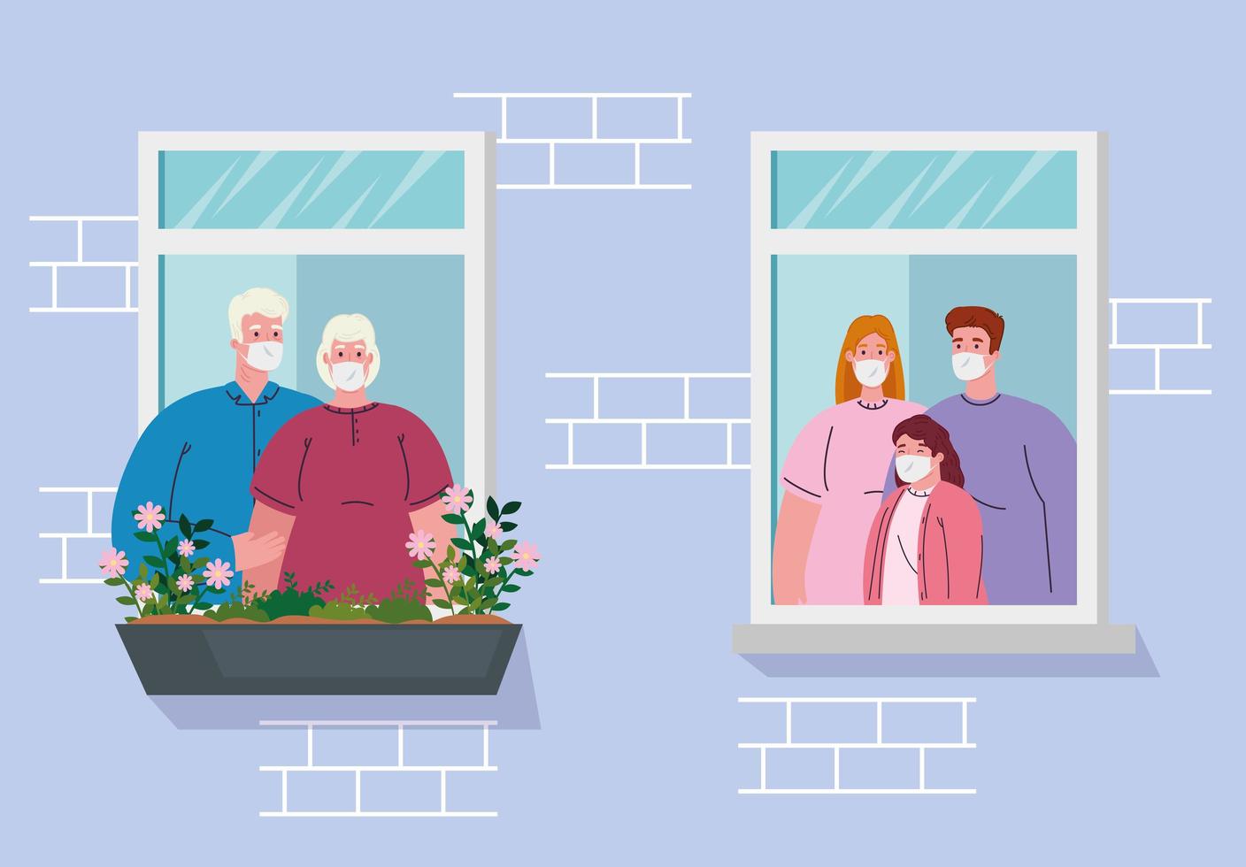 stay at home banner with familyies at the window vector
