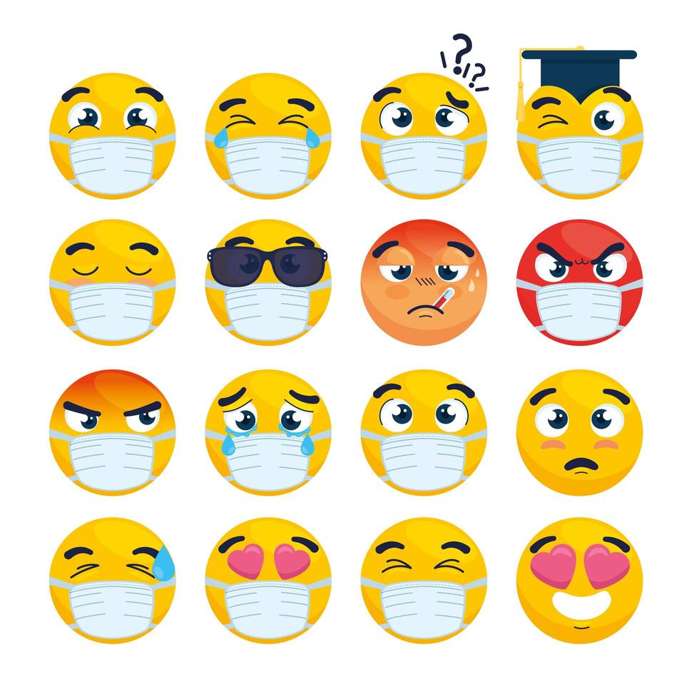 set of emojis wearing face masks vector