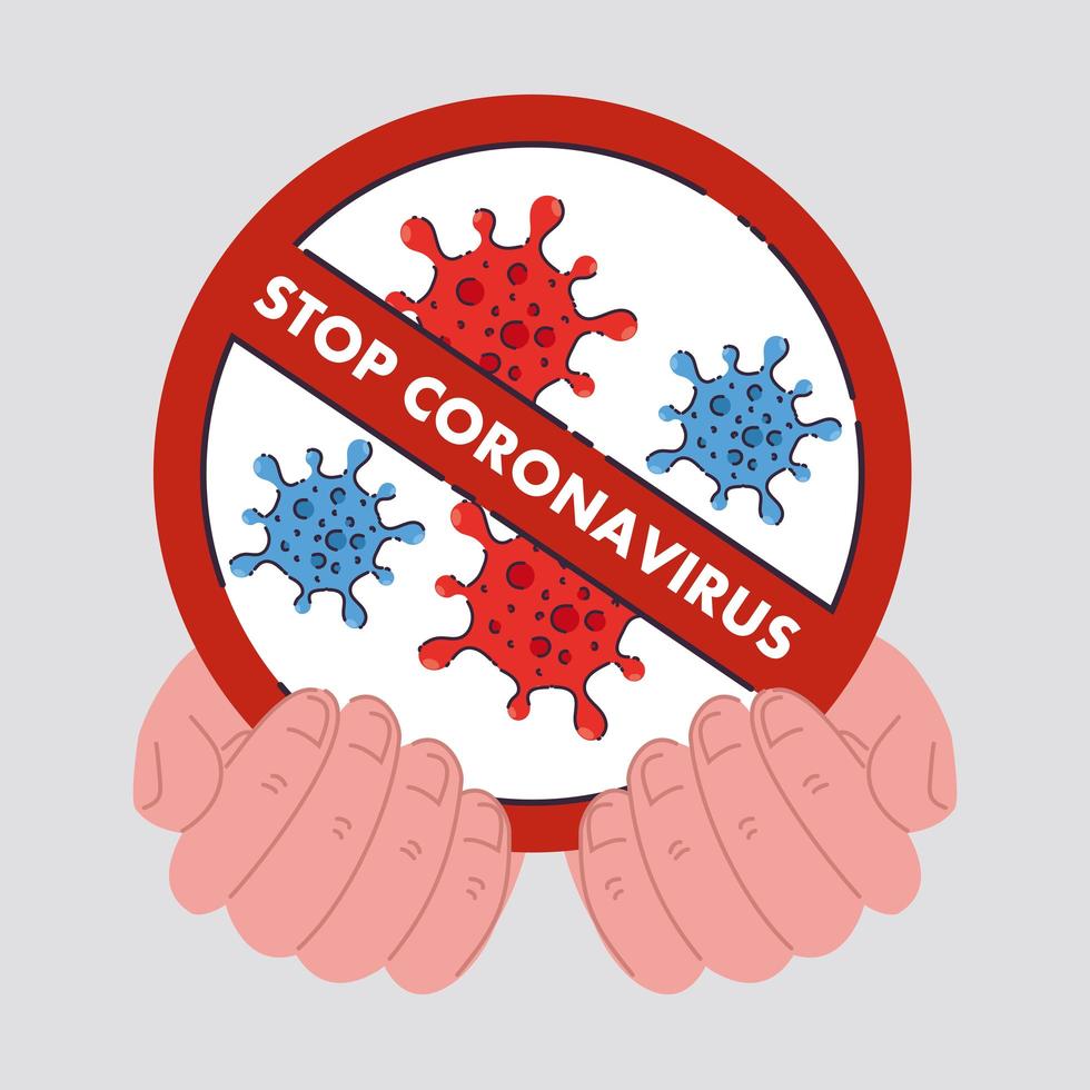 manos con icono de células de coronavirus en un signo prohibido vector