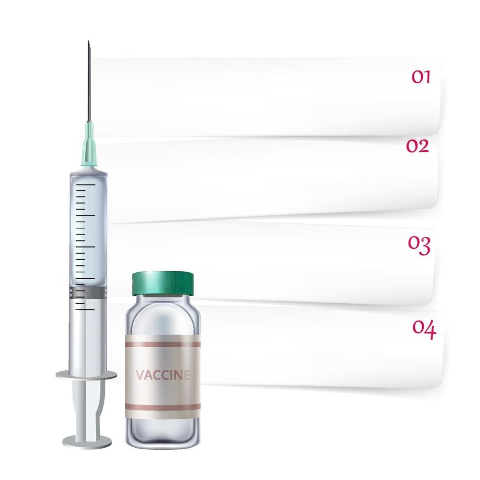 Bottle Mock up Realistic and Vaccine Syringe flu shot on White Background with Packaging. vector