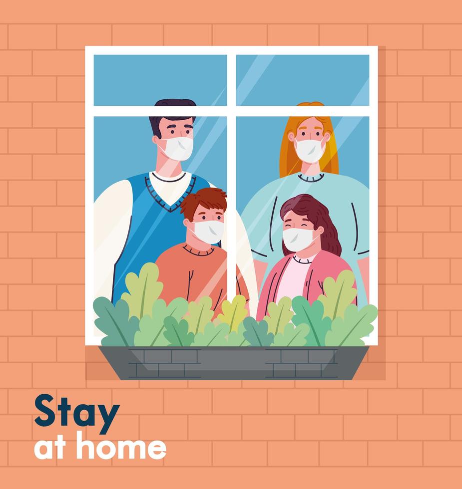 quédate en casa banner con familia en la ventana vector