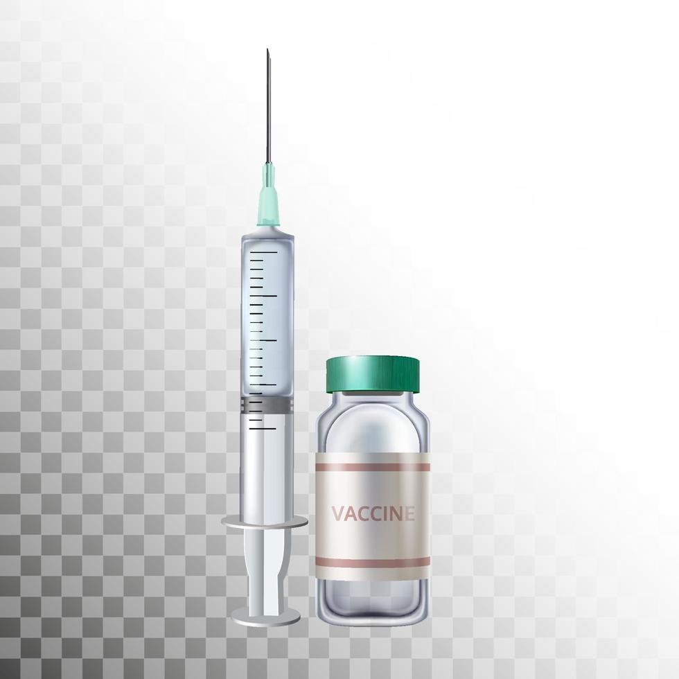 maqueta de botella realista y jeringa de vacuna contra la gripe sobre fondo blanco con embalaje. vector