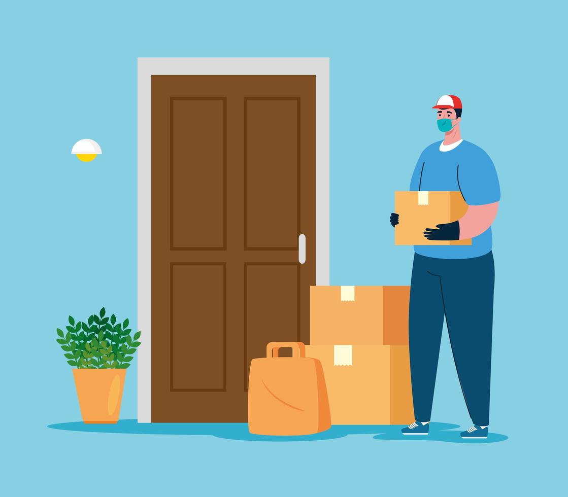 safe contactless delivery with worker and packages oh the door vector