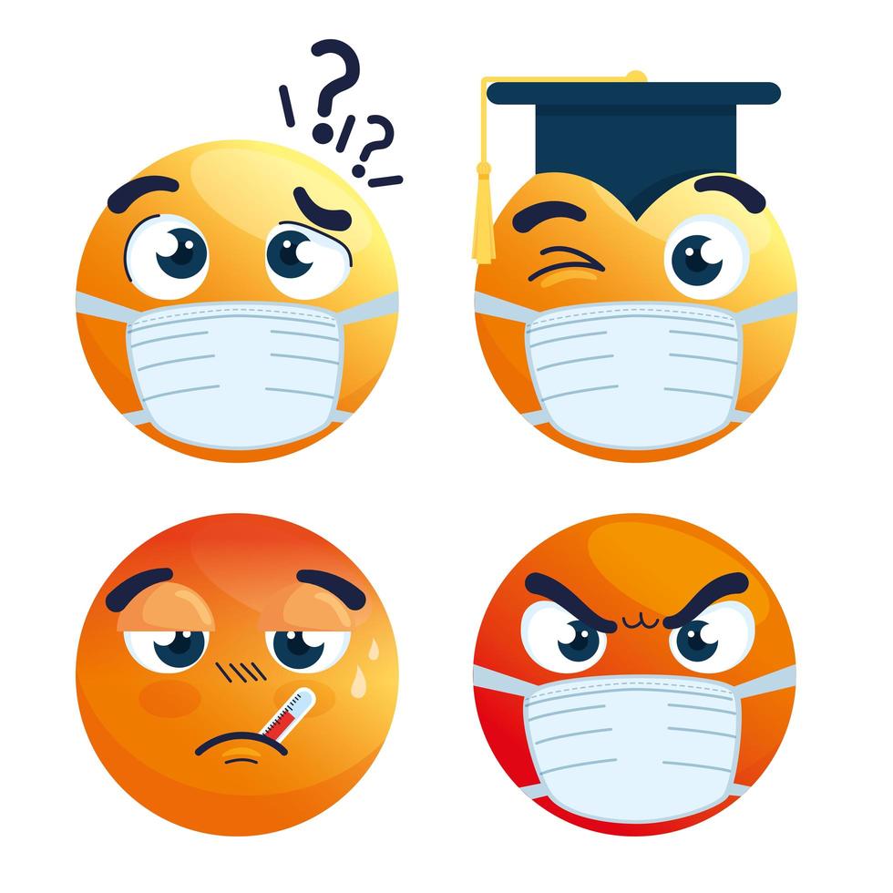 set of emojis wearing face masks vector