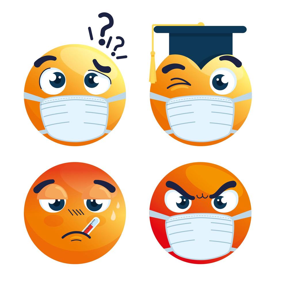 set of emojis wearing face masks vector