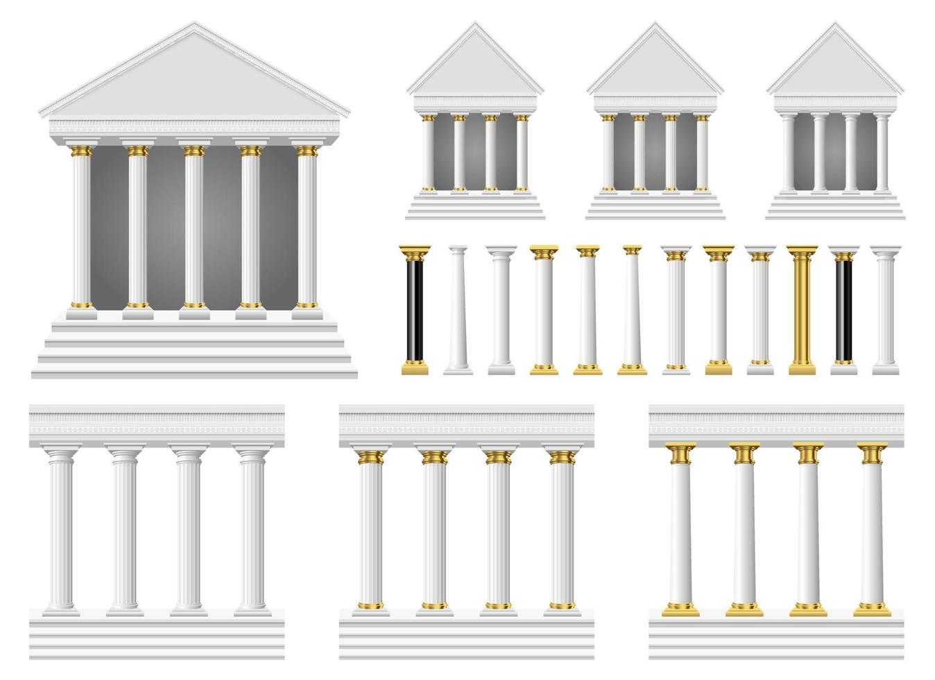 Columnas antiguas y conjunto de ilustraciones de diseño vectorial de templo aislado sobre fondo blanco. vector