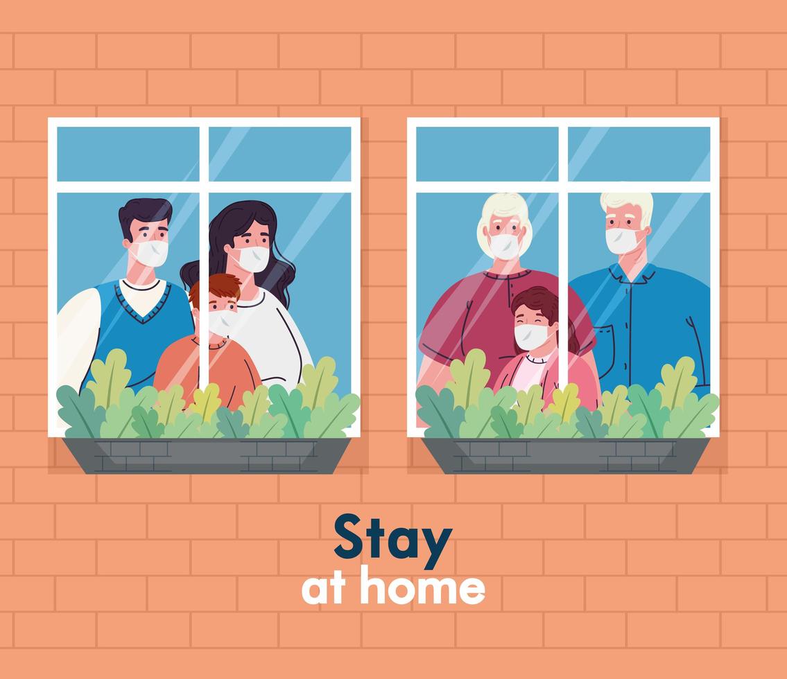 Quédate en casa banner con familyies en la ventana. vector