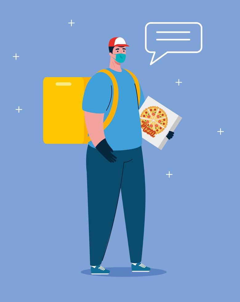 pizza safe delivery, courier worker with face mask vector