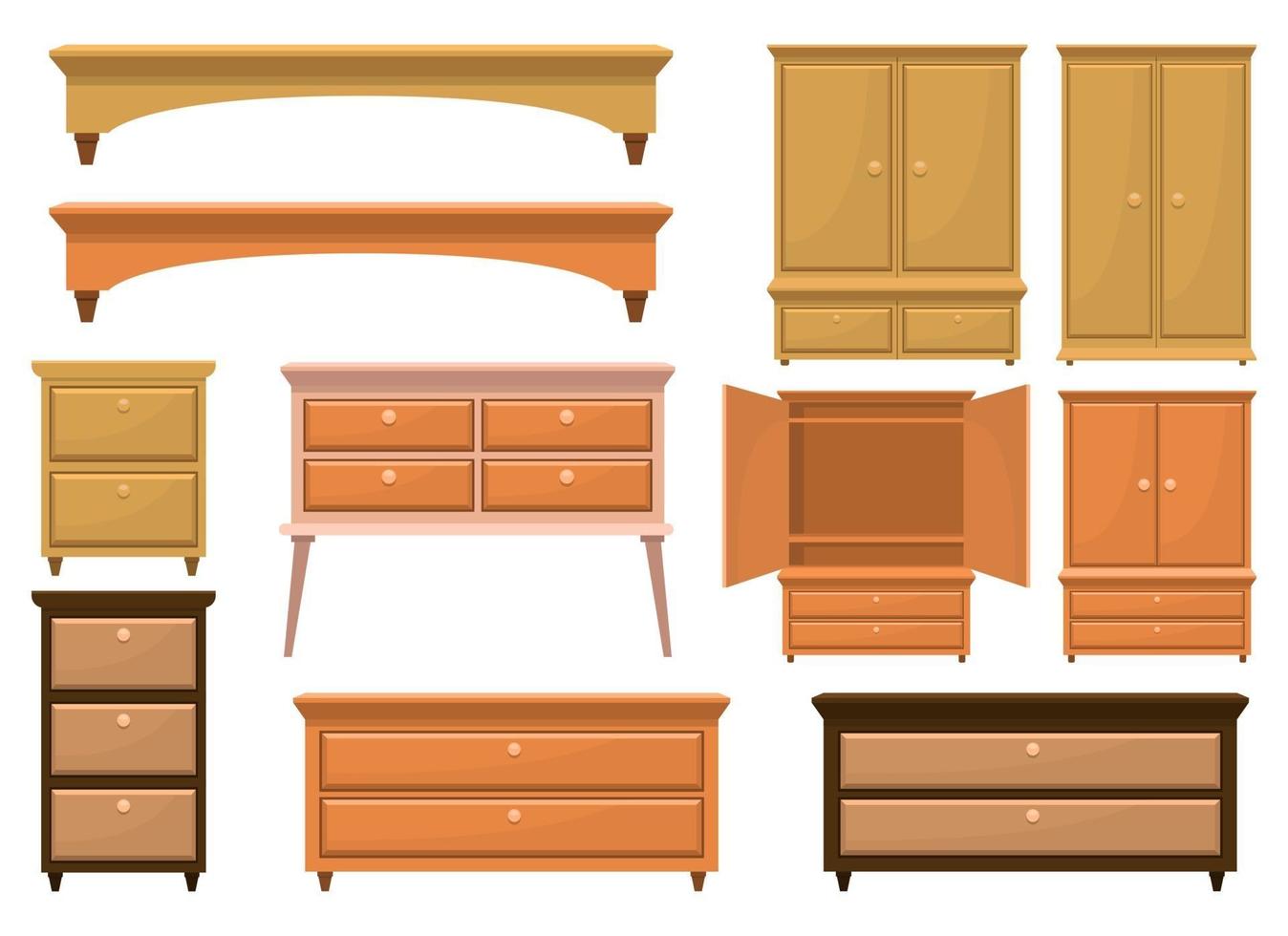 Retro wooden bedroom furniture vector design illustration set isolated on white background