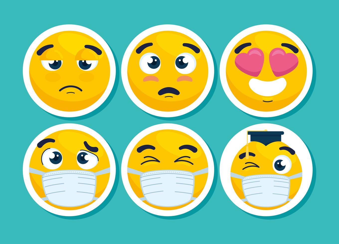 set of emojis wearing face masks vector