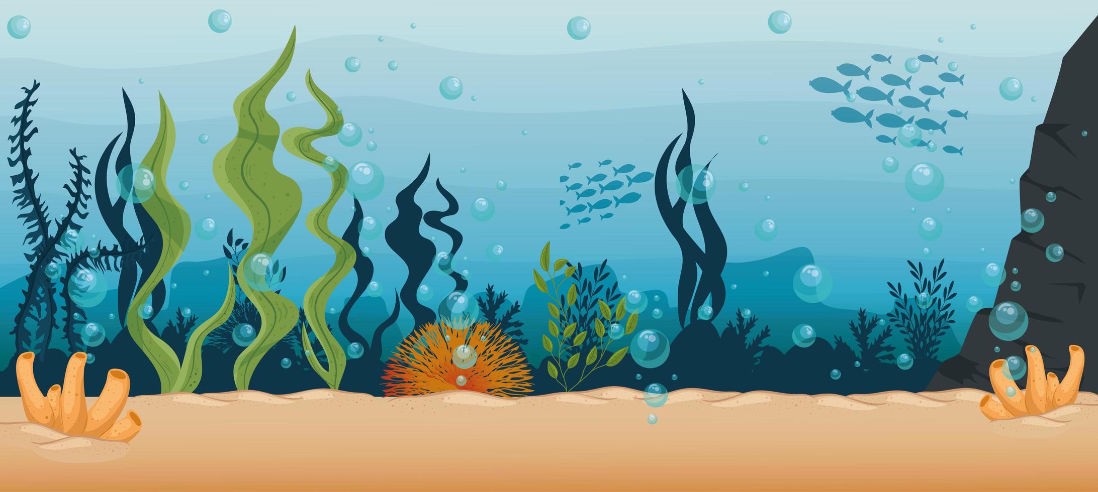 Fondo submarino con algas y arrecifes de coral. vector