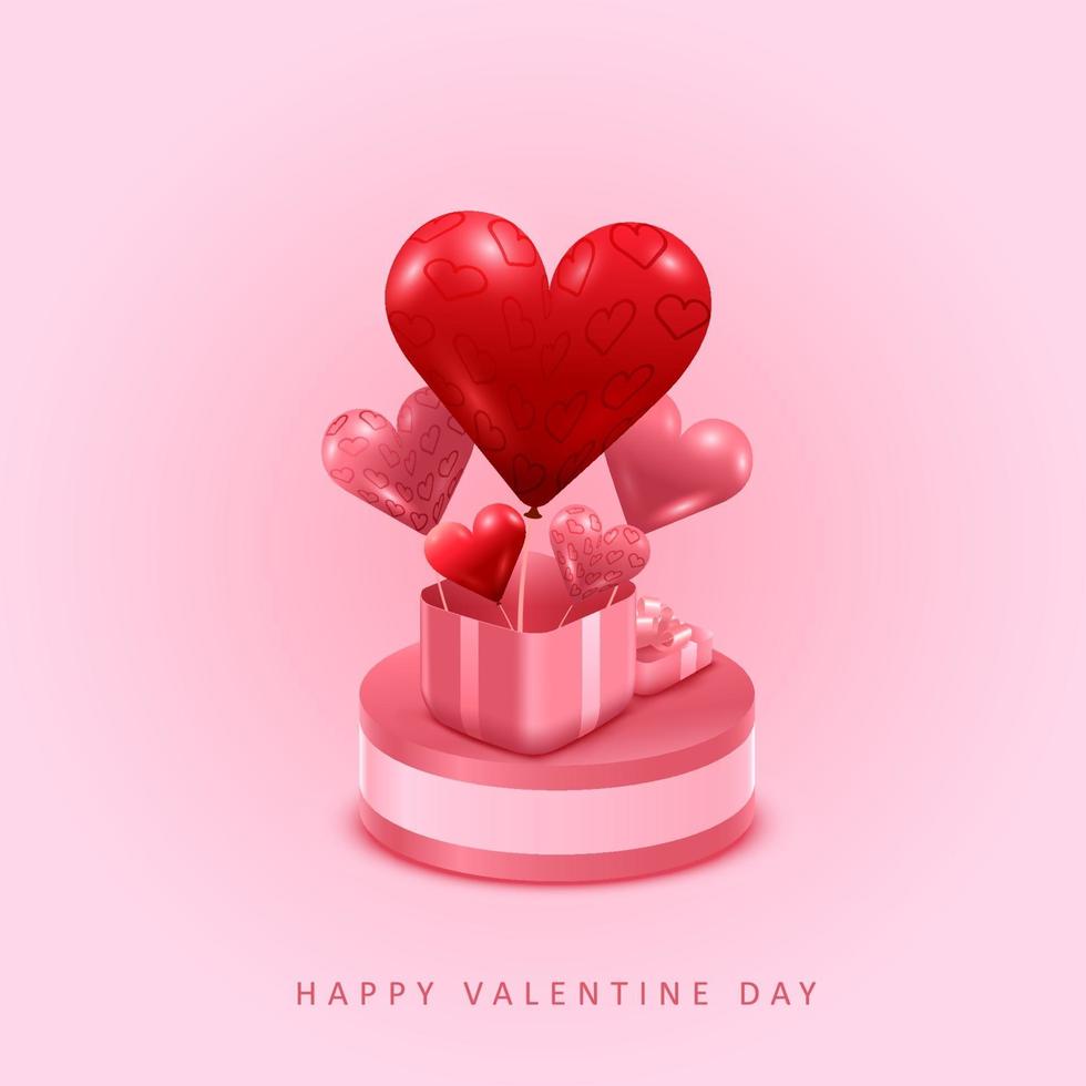 Valentine's day concept. Pink gift box open on stand. Full of Hearts and decorative festive object. vector illustration.