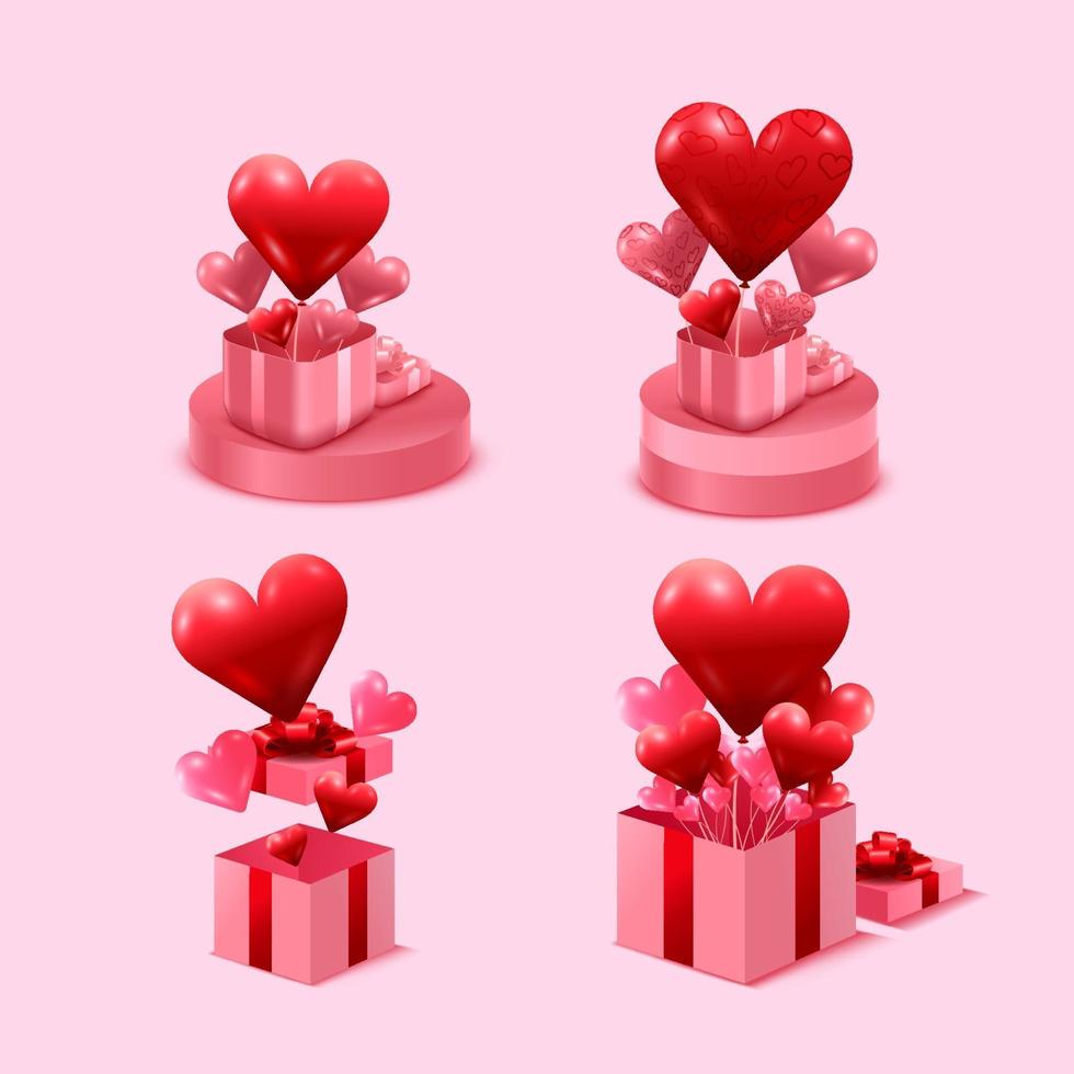 concepto del día de san valentín. caja de regalo rosa abierta en el soporte. lleno de corazones y objeto festivo decorativo. ilustración vectorial. vector