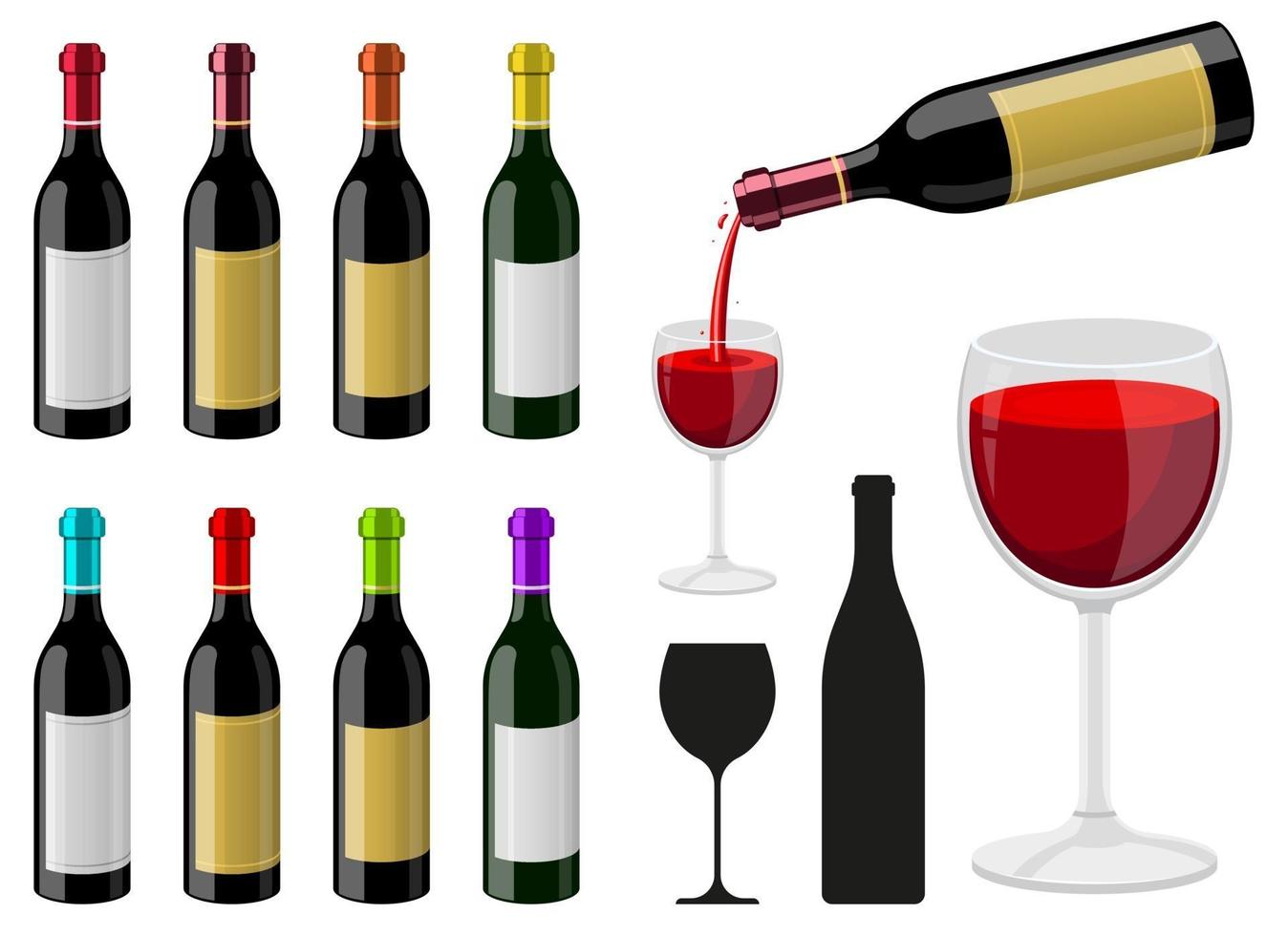 Botella de vino conjunto de ilustraciones de diseño vectorial aislado sobre fondo blanco. vector