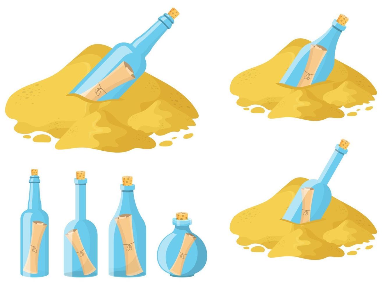 Desplácese mensaje en botella conjunto de ilustración de diseño vectorial aislado sobre fondo blanco. vector