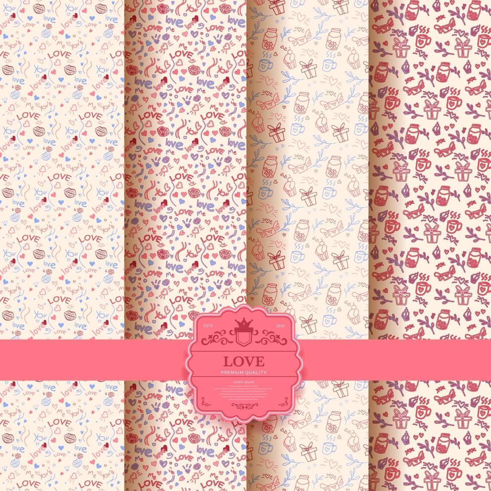 Set of Valentines day, Pink romantic seamless pattern with hearts. Collection of Wrapping paper and gift bags. Vector illustration Background