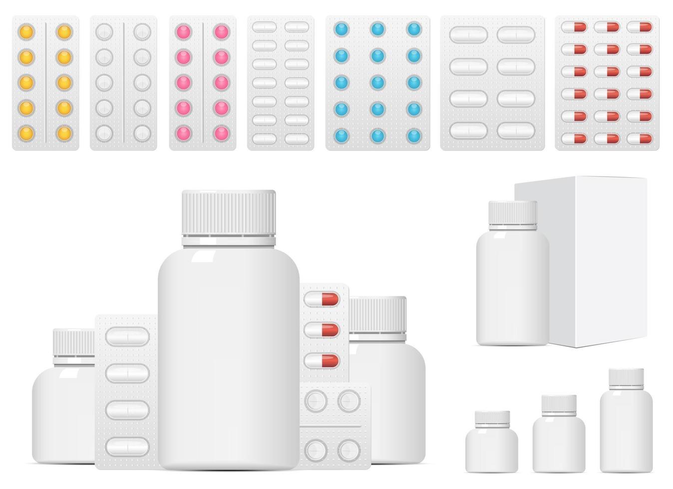 Conjunto de píldoras médicas conjunto de ilustraciones de diseño vectorial aislado sobre fondo blanco. vector