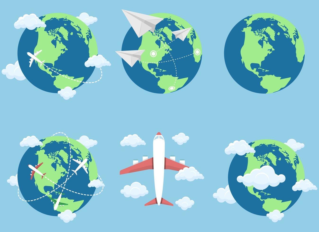 Plane flying around the world vector design illustration set isolated on blue background