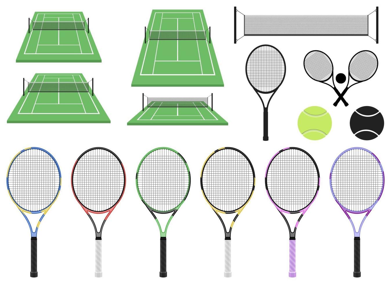 Ilustración de diseño de vector de raqueta de tenis y campo aislado sobre fondo blanco