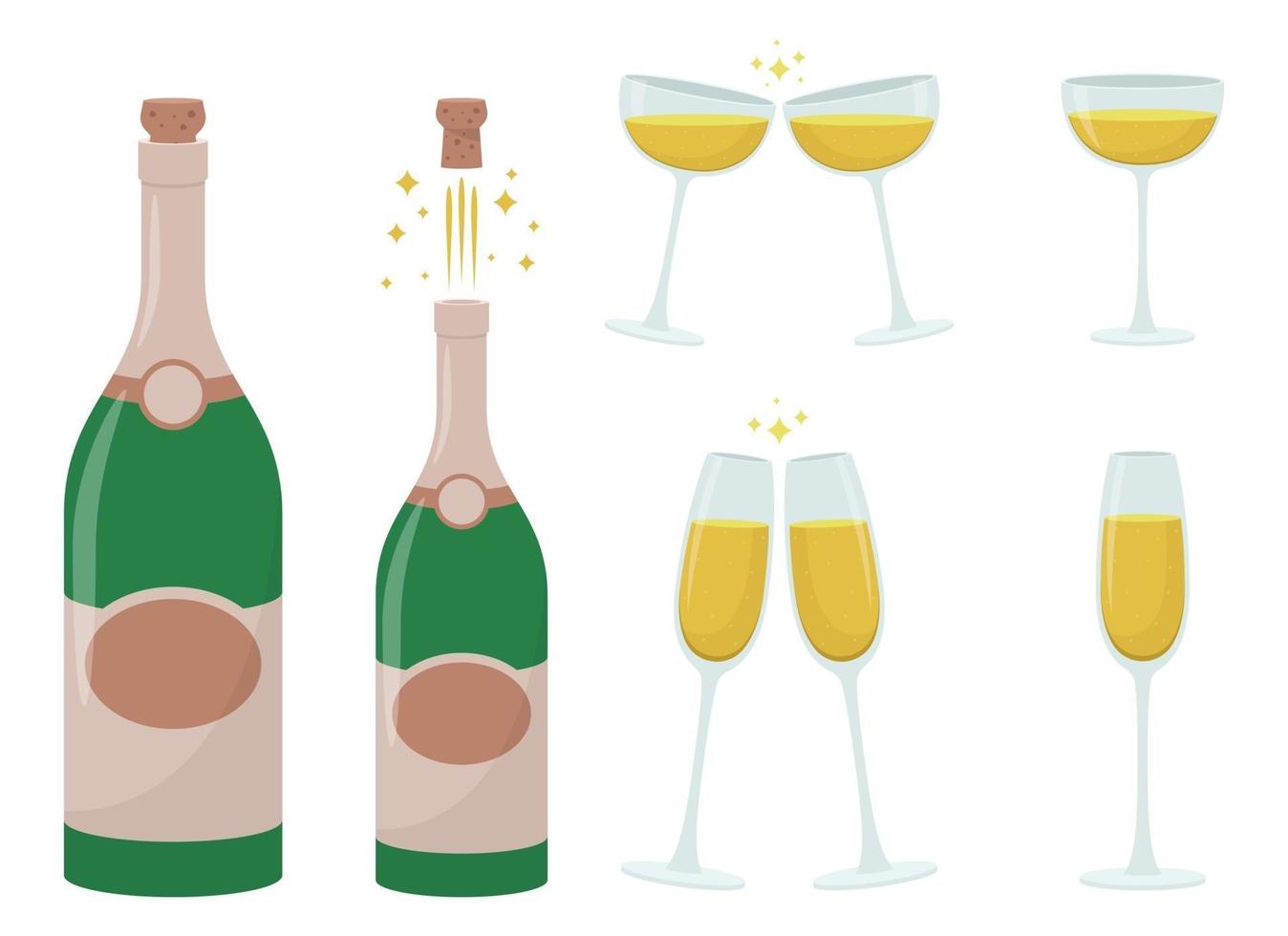 Champagne bottle and glass vector design illustration set isolated on white background