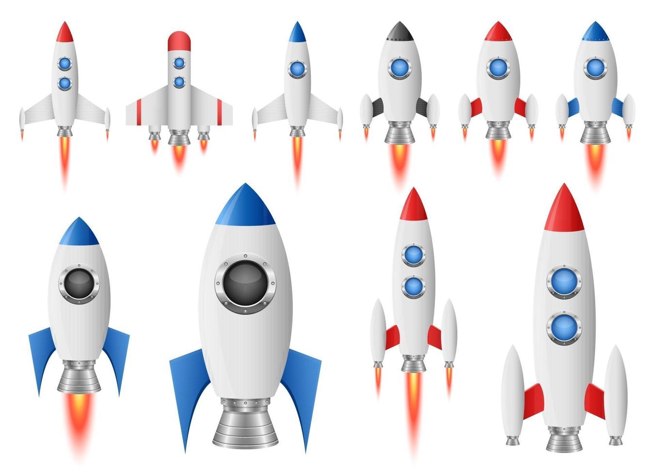 Conjunto de ilustración de diseño de vector de nave espacial cohete aislado sobre fondo blanco