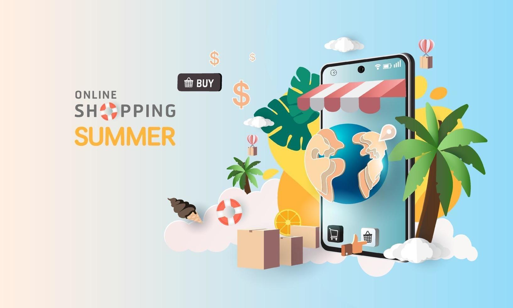 Compras de arte en papel en línea en teléfonos inteligentes y promoción de venta de nueva compra, fondo de verano para el comercio electrónico de banner market. vector