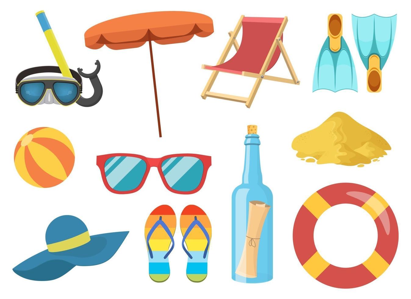 Sea beach elements clipart vector design illustration. Sea, beach, ball, chair, flip flops, umbrella set.