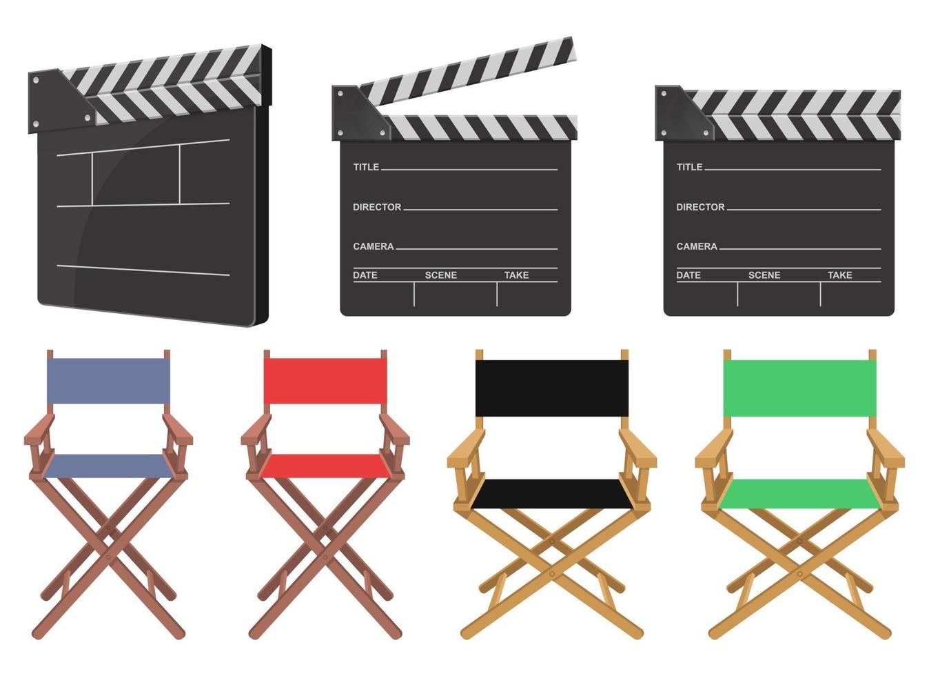 Movie director chair and clapboard vector design illustration set isolated on white background