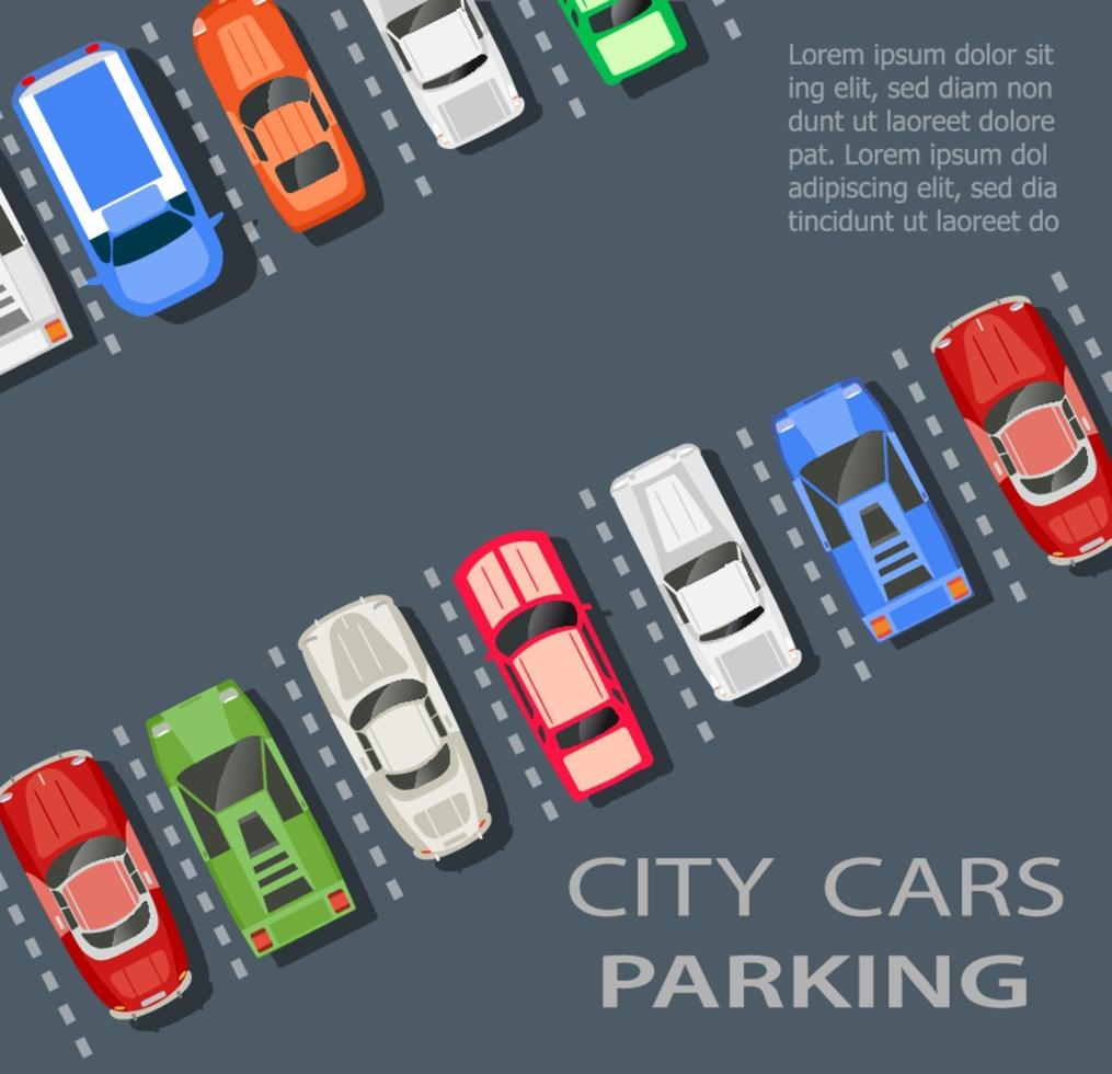 Top view of a city parking lot with a set of different cars vector