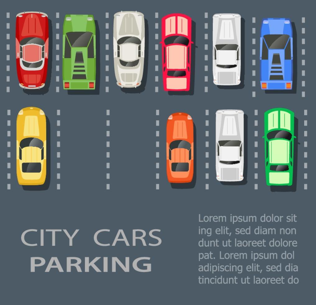 Vista superior de un estacionamiento de la ciudad con un conjunto de autos diferentes. vector