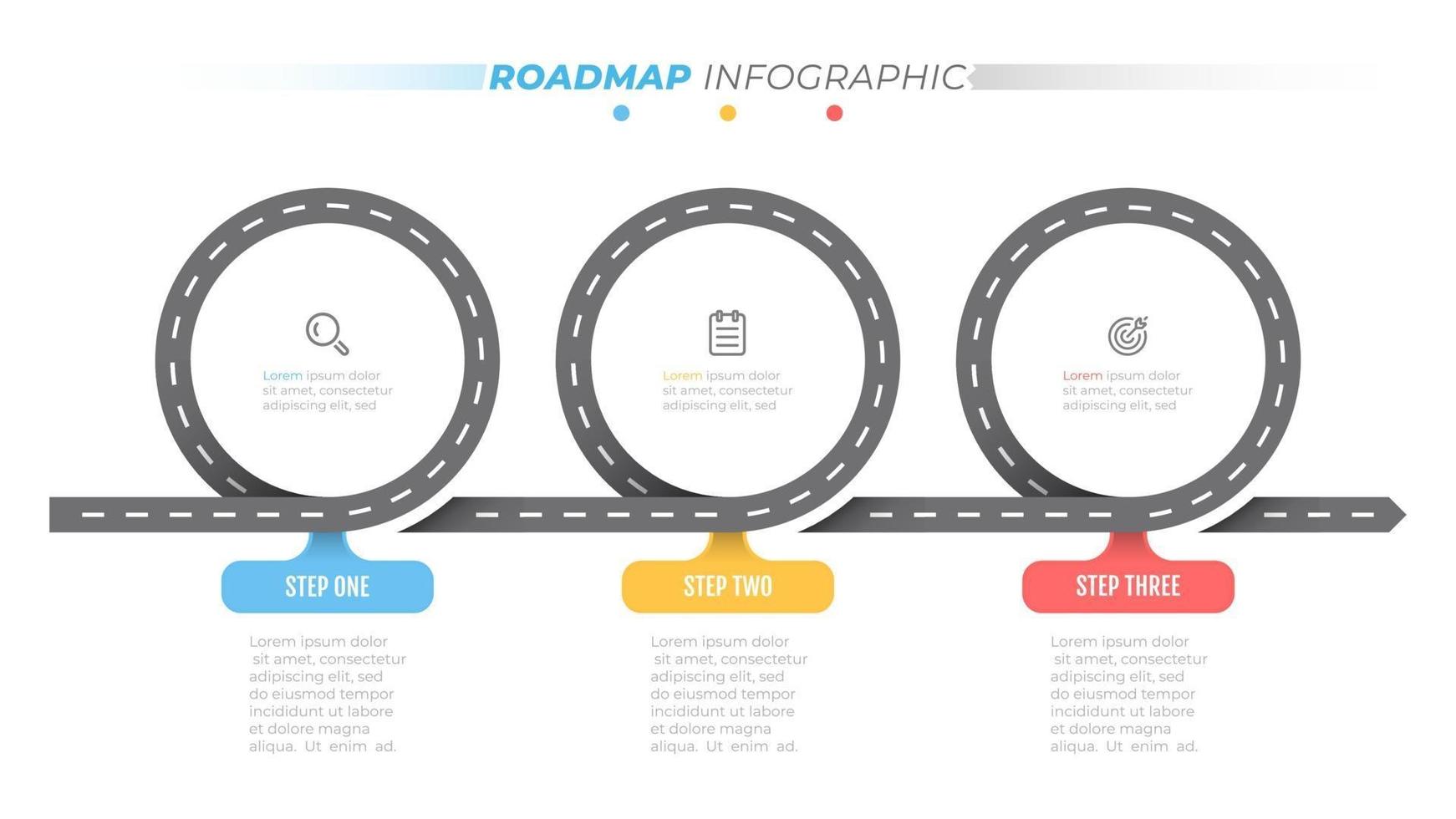 Plantilla gráfica de información de mapa de carreteras. línea de tiempo con 3 pasos, opciones. etiqueta de diseño de concepto de negocio e iconos. ilustración vectorial. vector