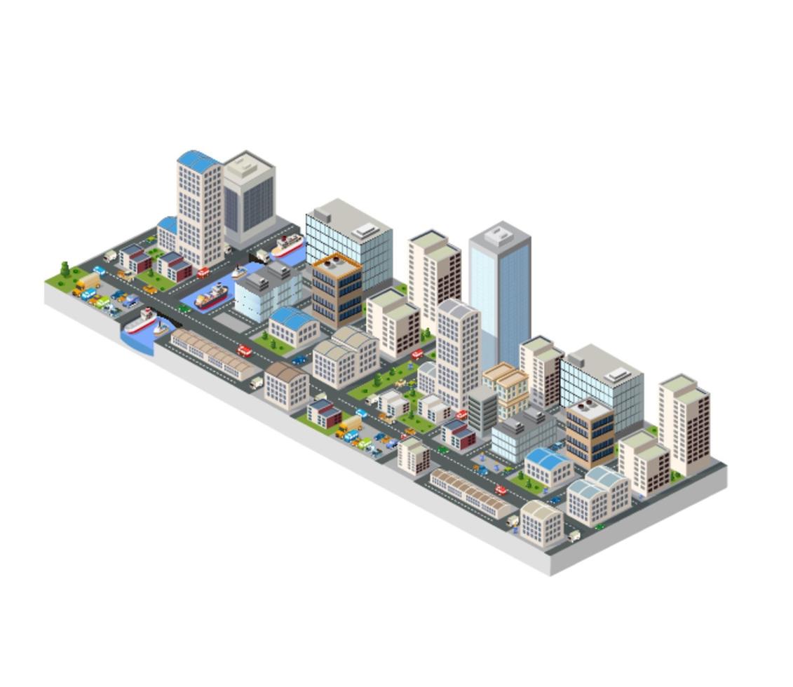 gran ciudad isométrica con edificios, oficinas y rascacielos. vector
