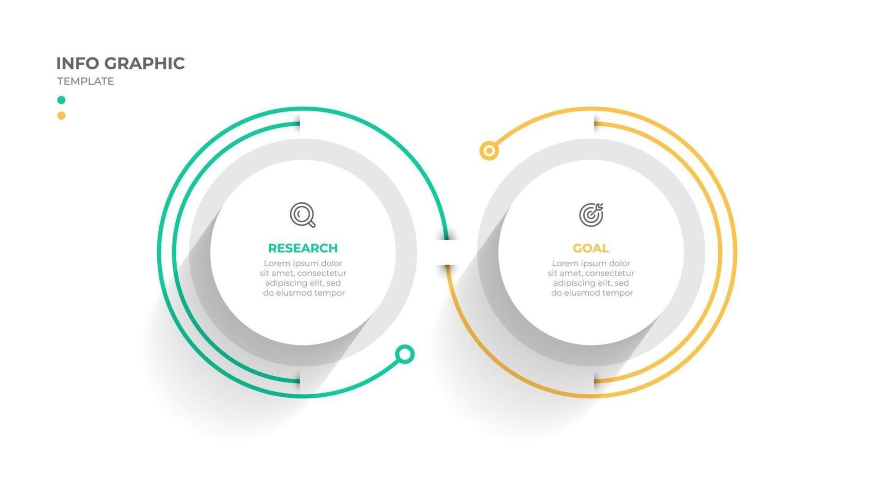 plantilla de gráficos de información empresarial línea de tiempo con 2 pasos, círculos, opciones e iconos de marketing. elementos gráficos de información lineal vectorial. vector