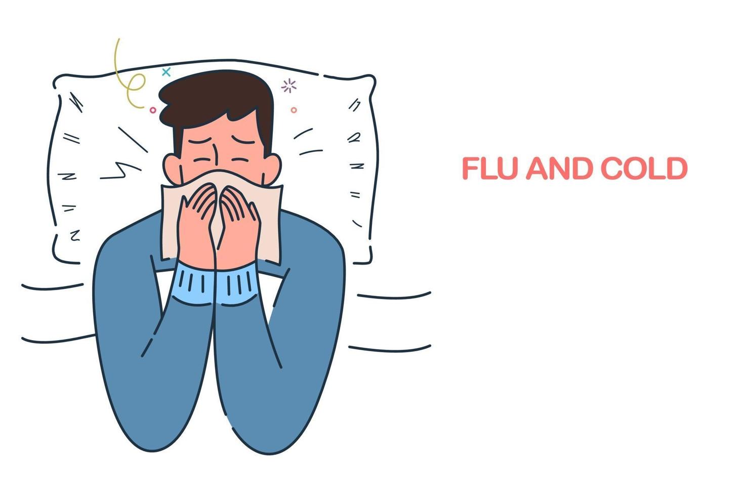 sick man lying in bed with flu and cold under the blanket, allergy seasonal infections,  hand drawn style vector illustration.